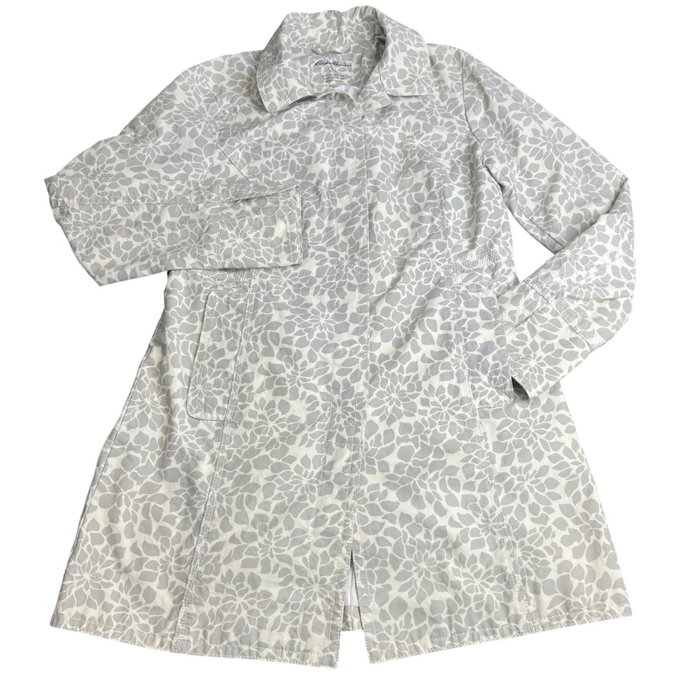 Eddie Bauer Womens Grey White Floral Trench Coat Jacket Size S Cotton Nylon
